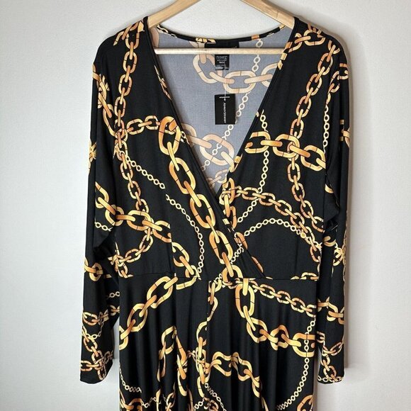 NEW Ashley Stewart Womens Black Gold Long Sleeve Chain Maxi Dress w/Slit 18/20 - Picture 3 of 13